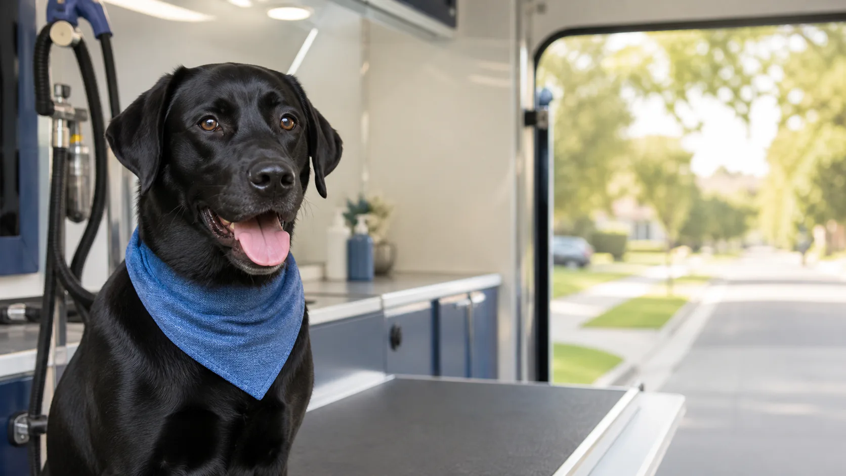 Relaxed black Labrador in a quiet mobile grooming salon