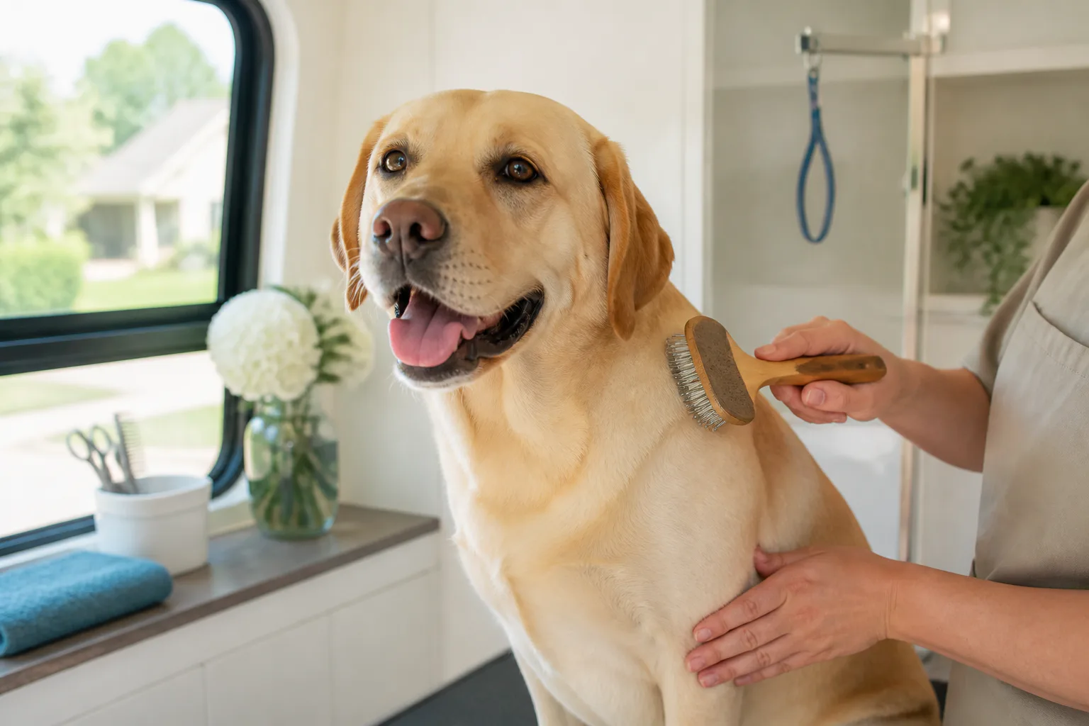 A happy yellow Labrador receiving gentle one-on-one grooming in a mobile salon