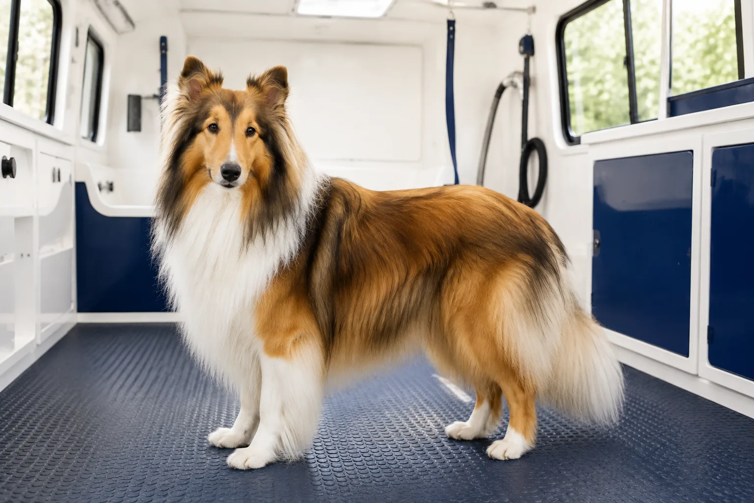 Illustrative image of a dog receiving coat care in a mobile salon