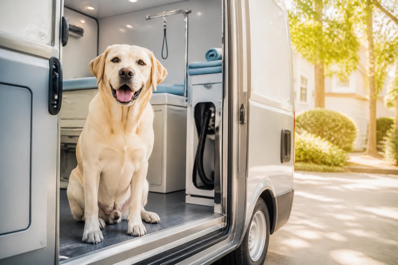 A happy yellow Labrador at the doorway of a mobile grooming salon
