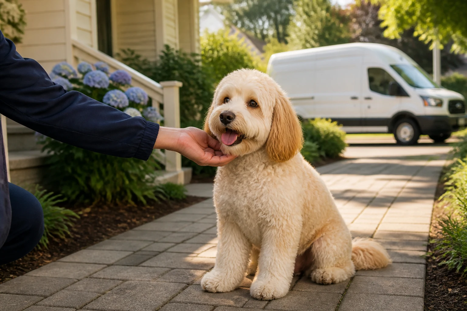 A friendly mobile groomer greeting a happy doodle outside a Long Island home