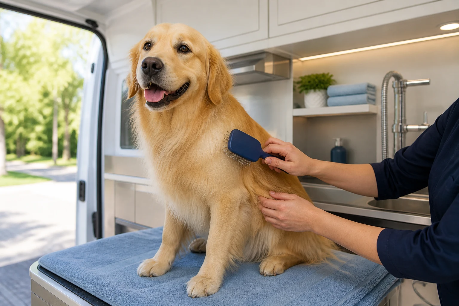 A happy golden retriever receiving gentle one-on-one grooming inside a mobile salon